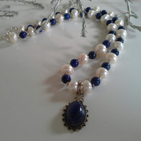 Lapis Lazuli & Top Quality Button Culture Pearl Sterling Silver Necklace