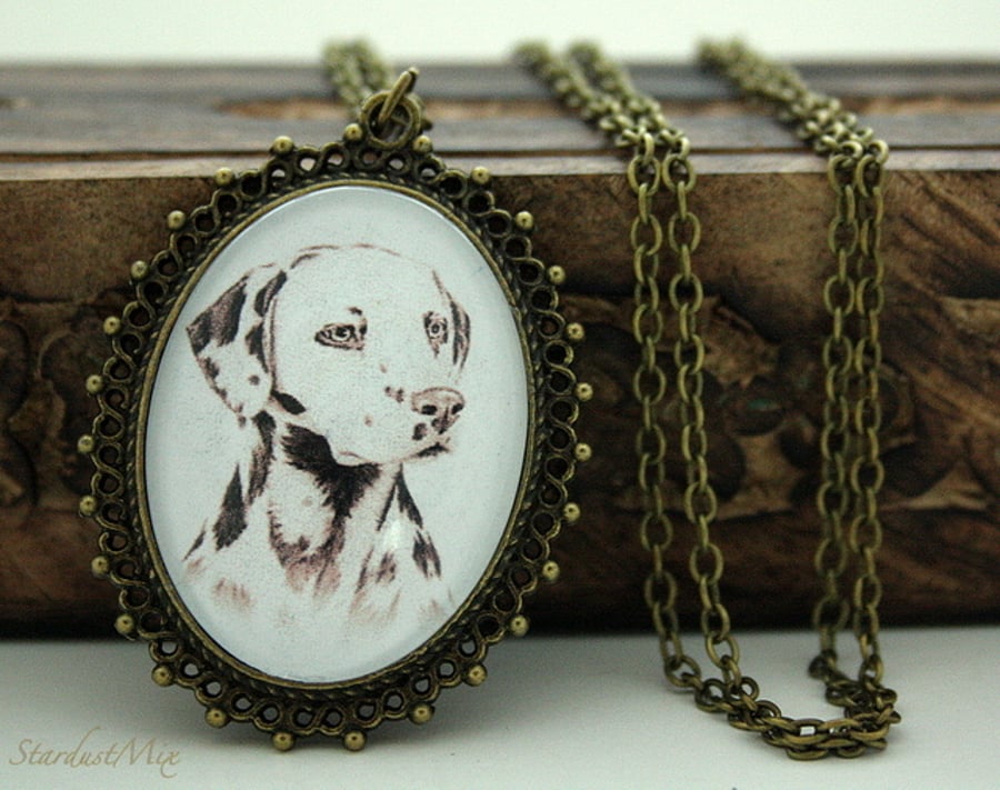 Necklace long chain,retro, vintage "I love my Dalmatian dog" 