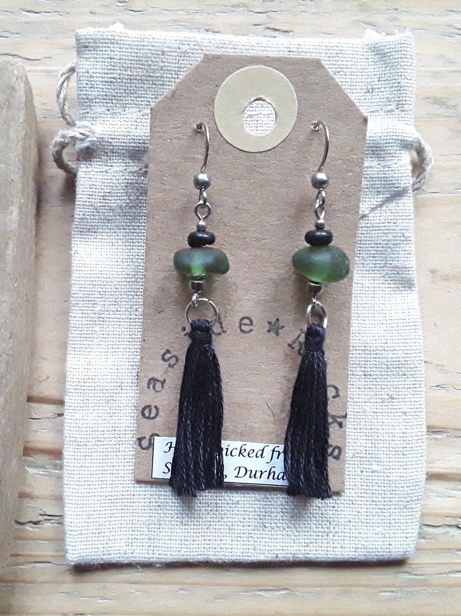 Green Seaglass & Black Tassel Earrings