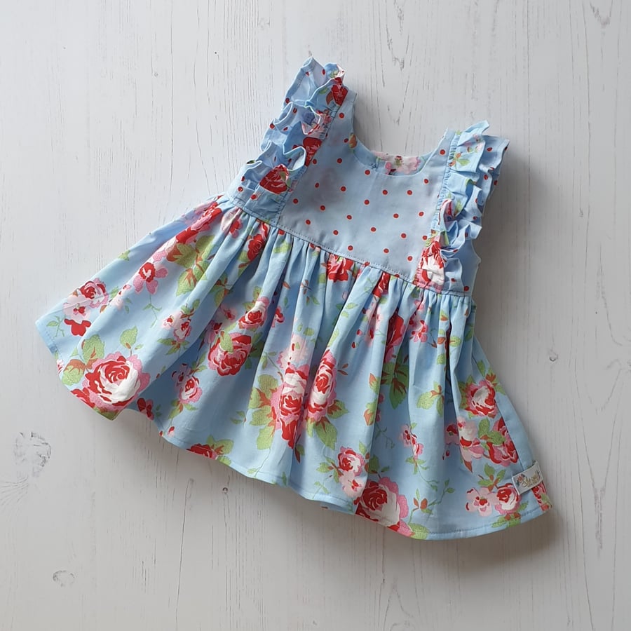 Age 0-3 months Handmade Clara Blue and Red Floral and Spot Ruffle Dress