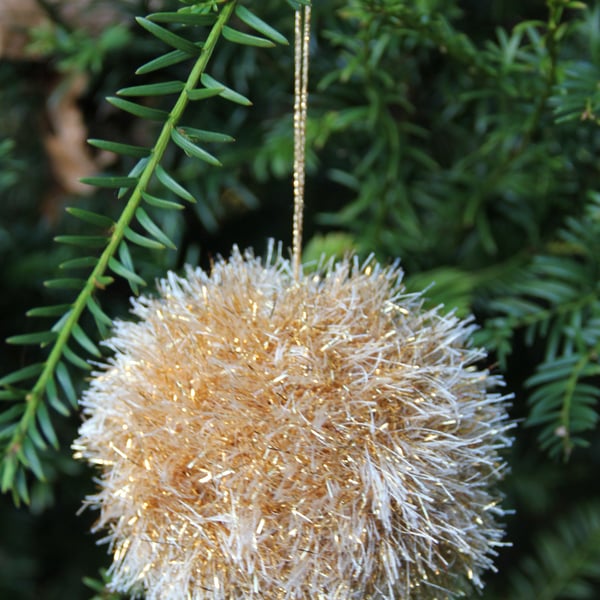 Hand Knitted Gold Tinsel Bauble