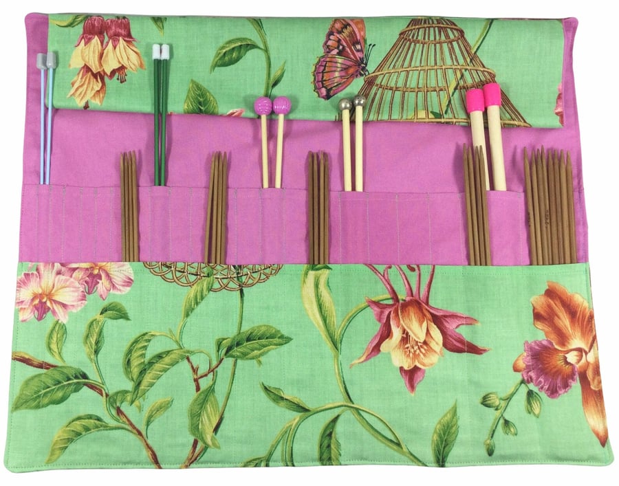 Straight and double pointed knitting needle case with floral birds, needle pouch