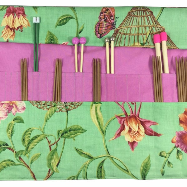 Straight and double pointed knitting needle case with floral birds, needle pouch