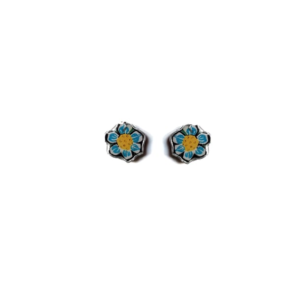 Whimsical  Retro Blue & Yellow Fllower Resin Studs by EllyMental