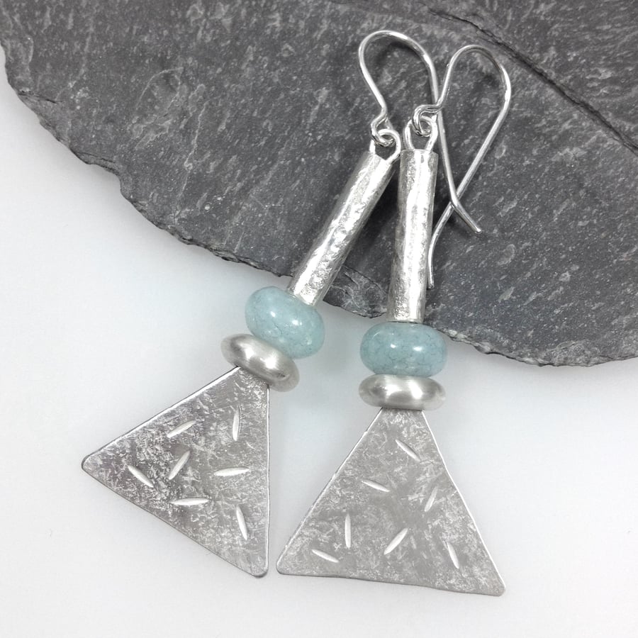 Long silver and aquamarine tribal earrings
