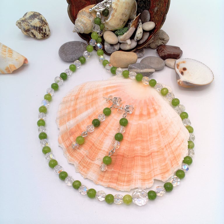 Peridot & Vintage Crystal Beaded Necklace & Earrings, Gift for Her, Mother's Day