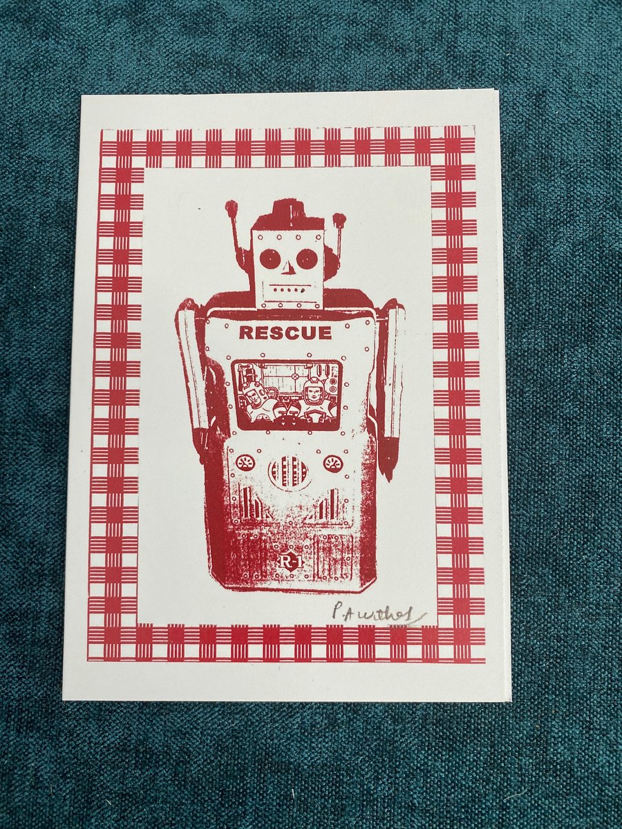 Red rescue robot card and envelope, A6, free p&p