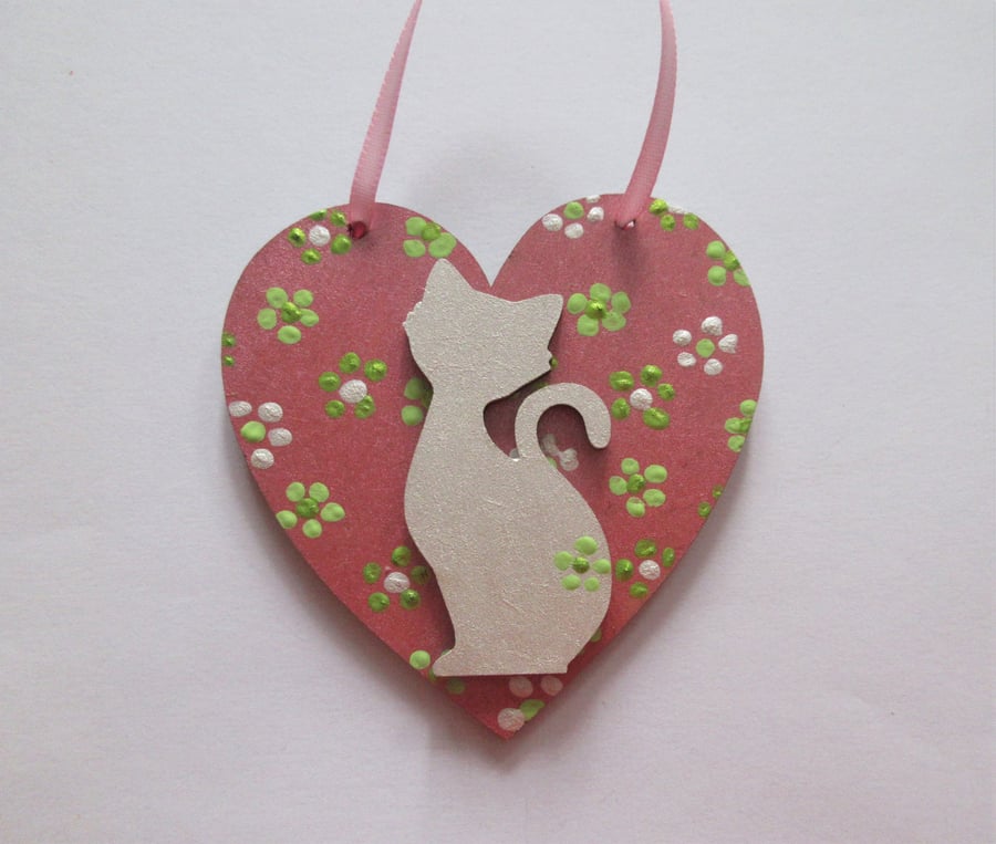Cat Hanging Heart Decoration Hand Painted Ditsy Flowers