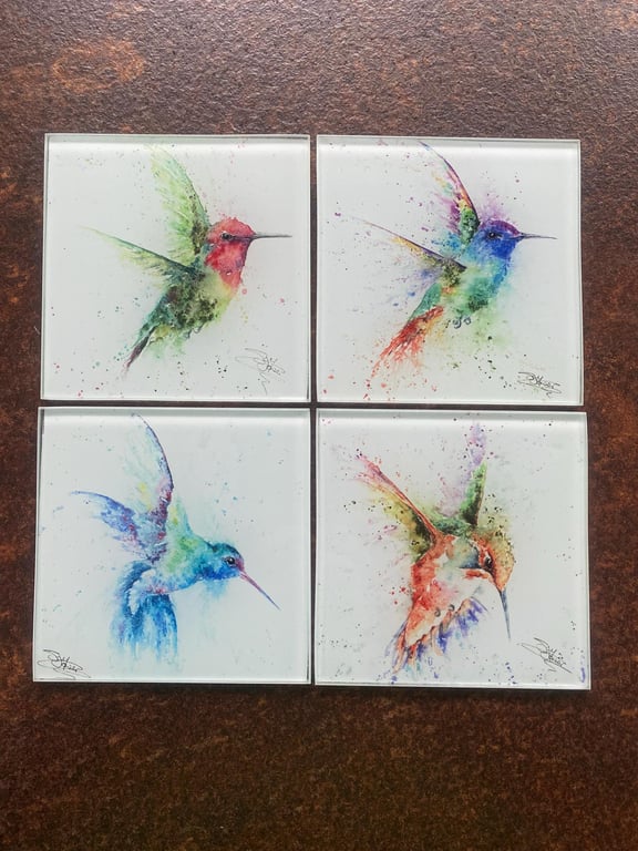 Set of 4 Glass Coasters, Hummingbird Design Coasters, Glass Mats, Watercolour Ar