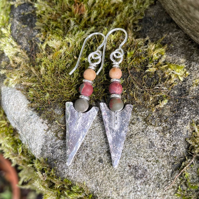 silver arrowhead tribal earrings with jasper