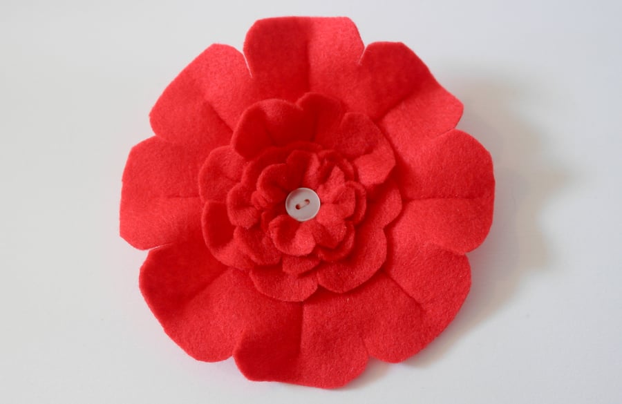 Felt Brooch - Handmade Red Flower Brooch - Hand Sewn Pin - Felt Flower Brooch