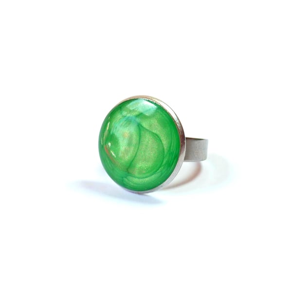 Shimmering bright green adjustable steel statement ring for women, 