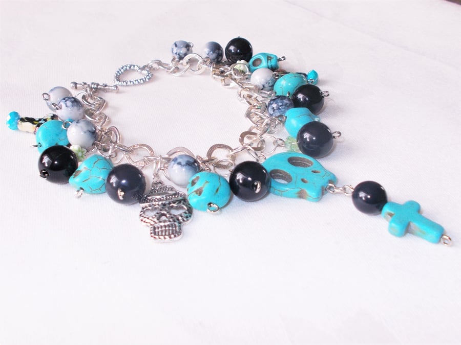 Halloween Day of the Dead Charm Bracelet Turquoise and Silver Steampunk Cosplay 
