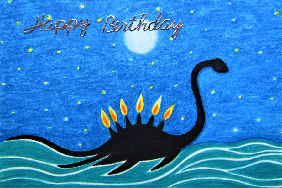 Birthday Card, Loch Ness Monster Card, Dinosaur Candle Card, Funny Birthday Card