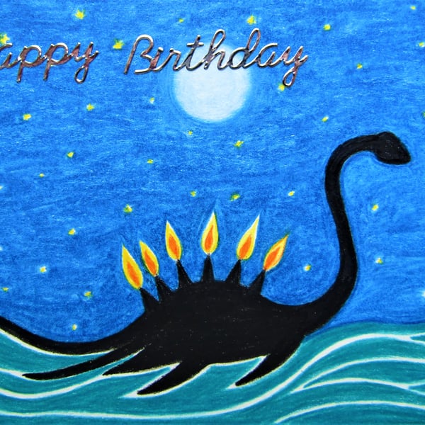 Birthday Card, Loch Ness Monster Card, Dinosaur Candle Card, Funny Birthday Card
