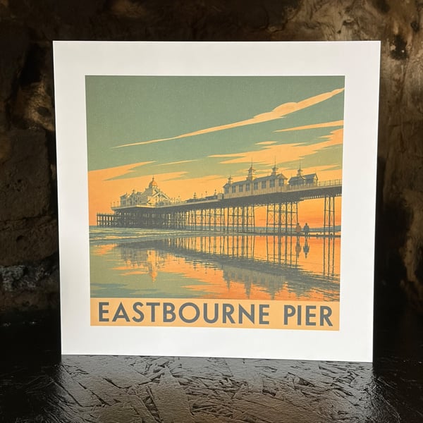 Eastbourne Pier Sunset Greeting Card - 8" x 8" Coastal Card - Blank Inside