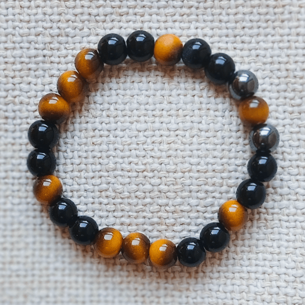 Ladies Tiger's Eye and Obsidian  Elastic Bead Bracelet