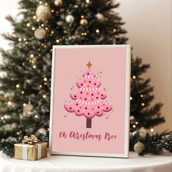 Pink Traditional Christmas Tree Wall Art Print, Oh Christmas Tree.