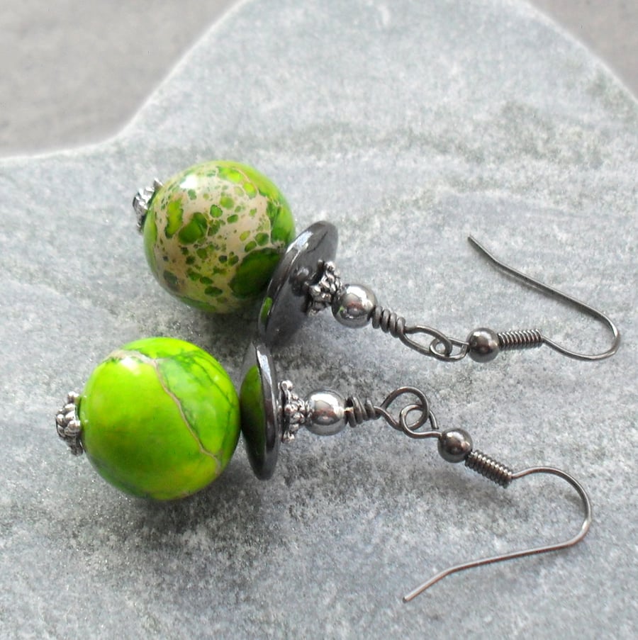 Green Terra Jasper Black Tone Drop Earrings