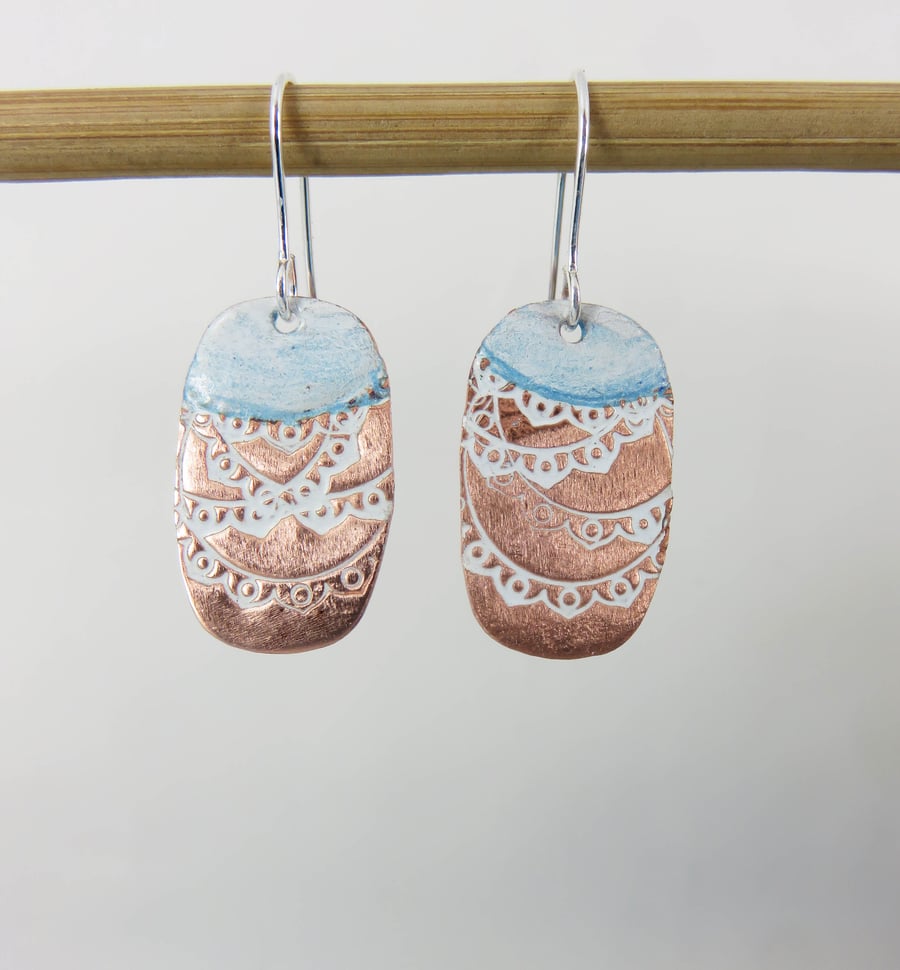 Textured and Patterned Enamel on Copper Dangle Earrings