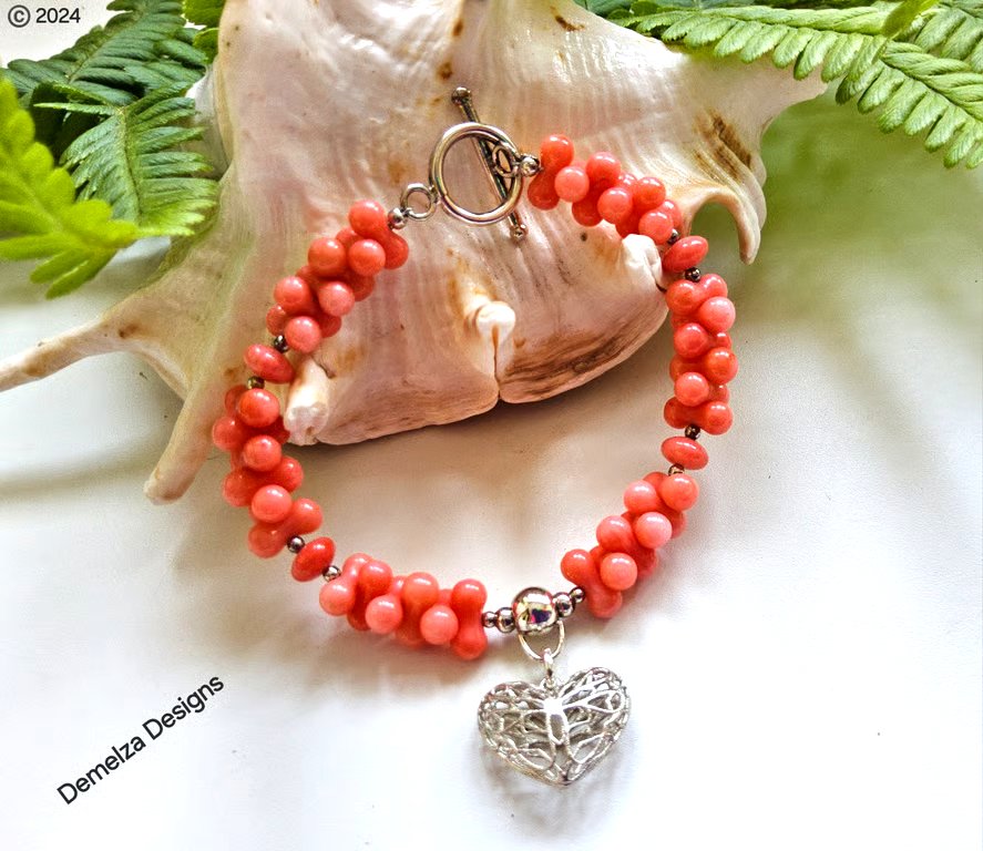 Eco Bamboo Peach Coral Heart Sterling Silver Bracelet