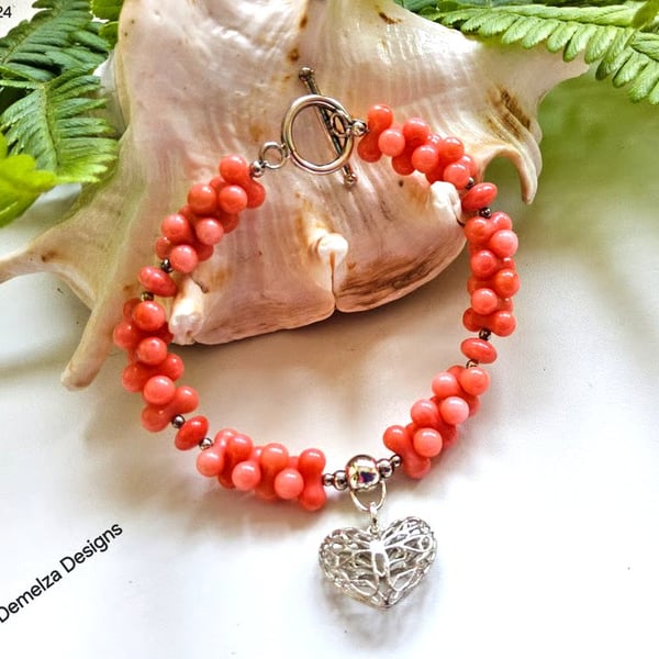 Eco Bamboo Peach Coral Heart Sterling Silver Bracelet