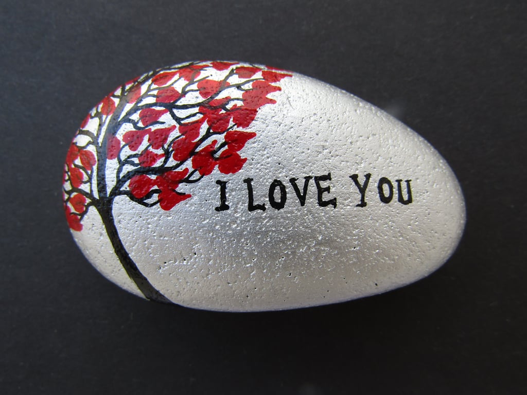 Love Gift, Hand Painted Stone, Tree Hearts Painting, Pebble Art, Anniversary
