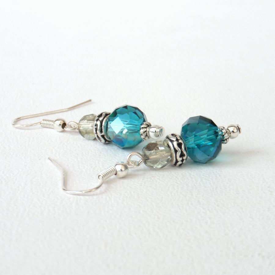 SALE: Blue-green and delicate green crystal earrings