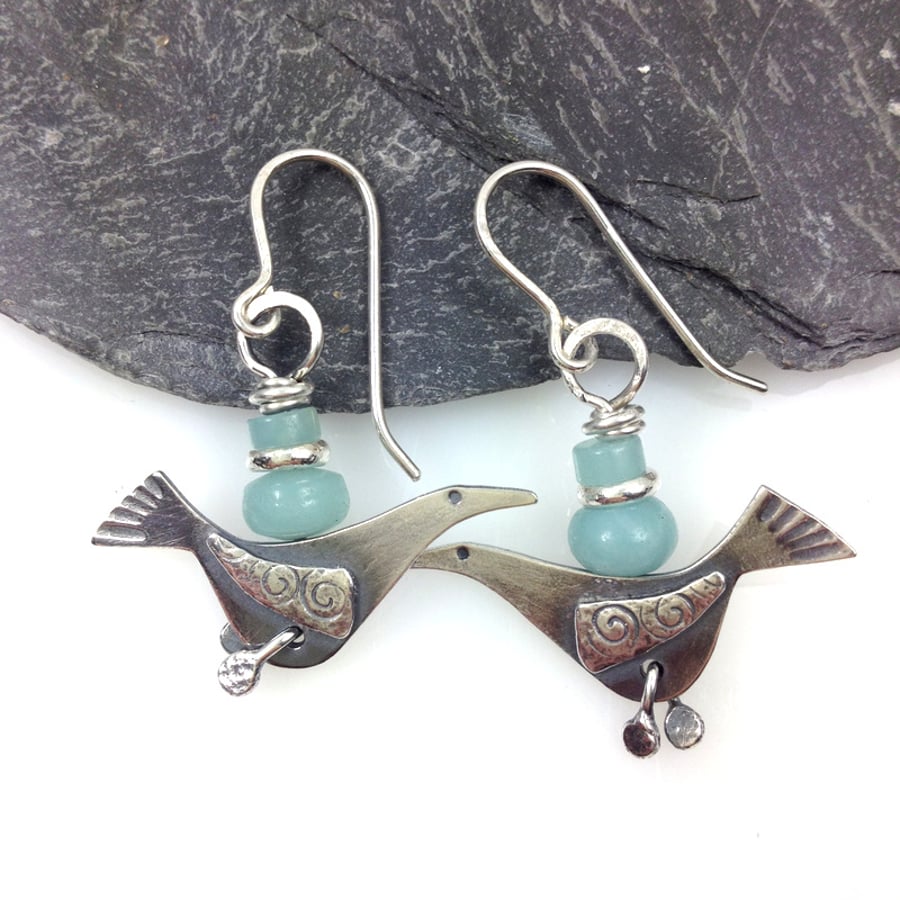 silver bird earrings with blue amazonite.