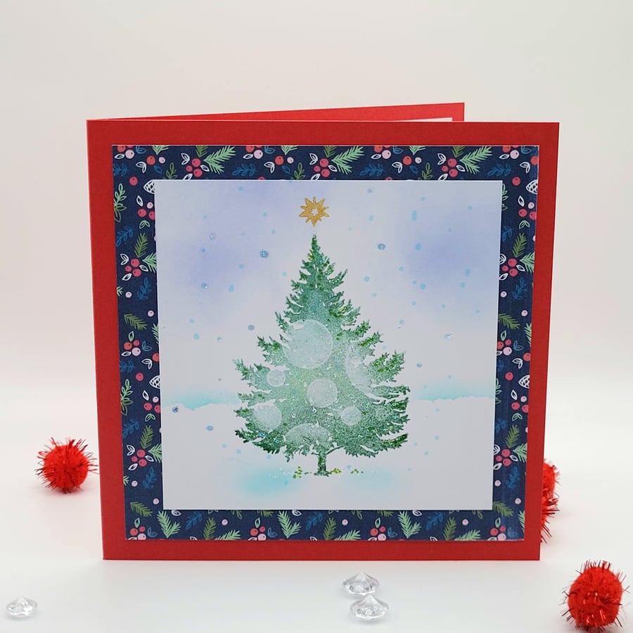 Festive Red Christmas Card and Tag - Fir Tree, Snow - Gift Tag optional