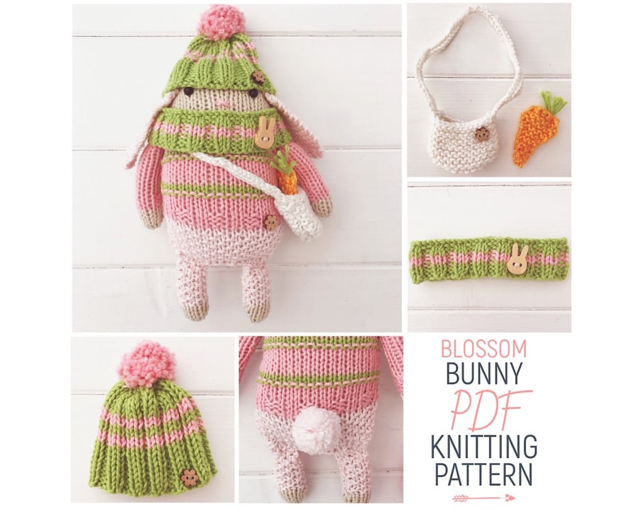 Digital PDF Knitting Pattern for Toy Bunny Rabbit Doll 'Blossom' &  Accessories