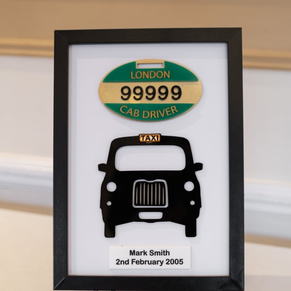London Taxi TX4 Driver Keepsake Frame – Acrylic Cab & Badge - Personalised Gif