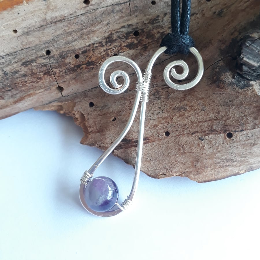 Amethyst  Pendant, Silver Spiral Pendant, Scroll Necklace