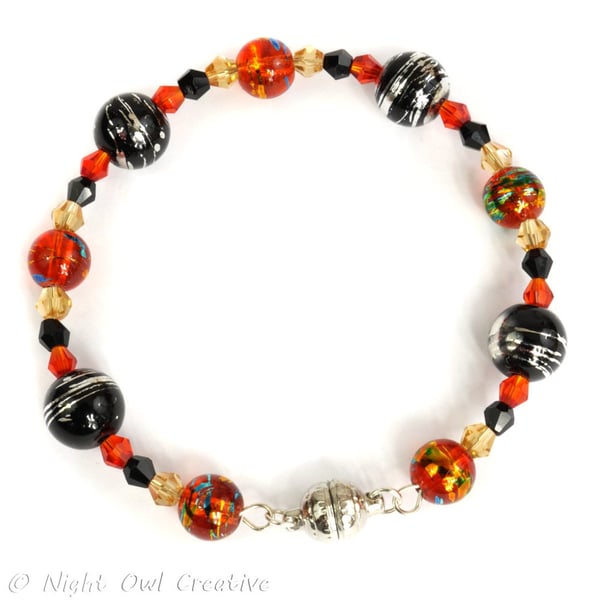 Beaded Memory Wire Bracelet, Crystal Glass Bangle, Flame Red, Black, Silver