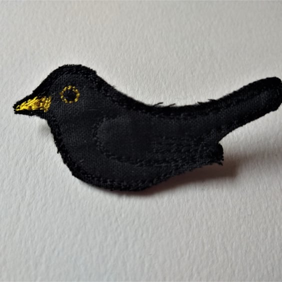 Embroidered Blackbird Bird Brooch