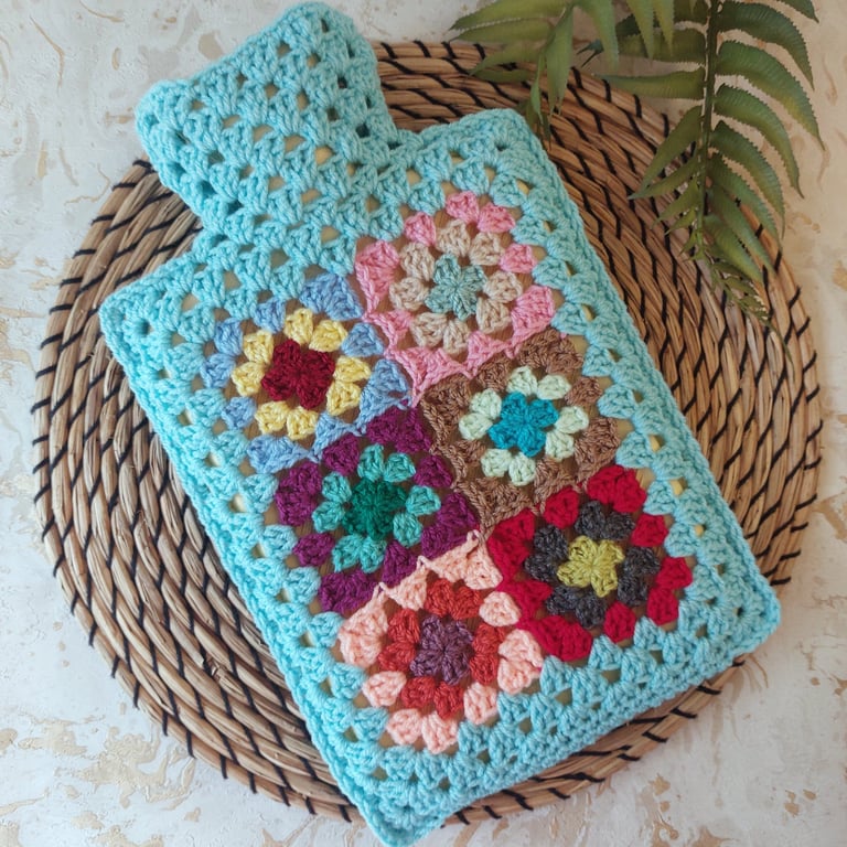 Crochet Hot Water Bottle Cover Granny Square Aqua