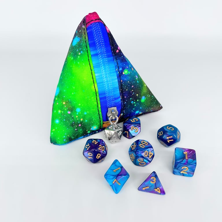 Dice bag for dnd role playing games, D4 shape, Galaxy fabric.