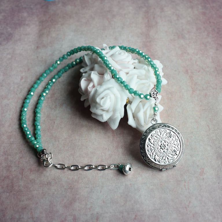 Vintage Style Locket Necklace with Sea Green Beaded Chain