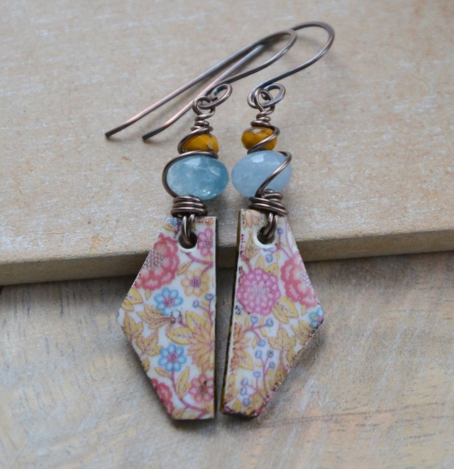 Handmade Earrings with Ceramic Floral charms, Agate & Czech Beads