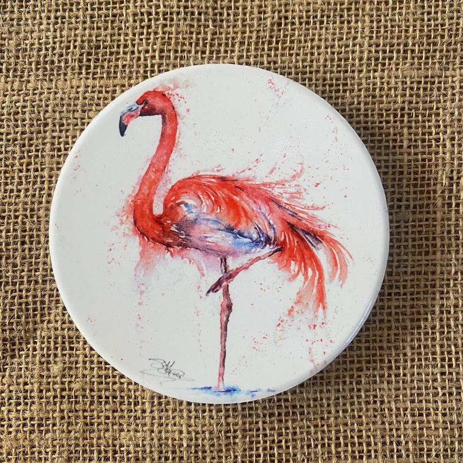Flamingo Ceramic Coaster with Cork Base, Large 10cm Round Coaster. From a Waterc
