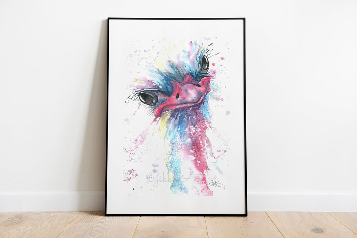 Olive Ostrich. Fine art Print from an Original Watercolour by Sandi Mower