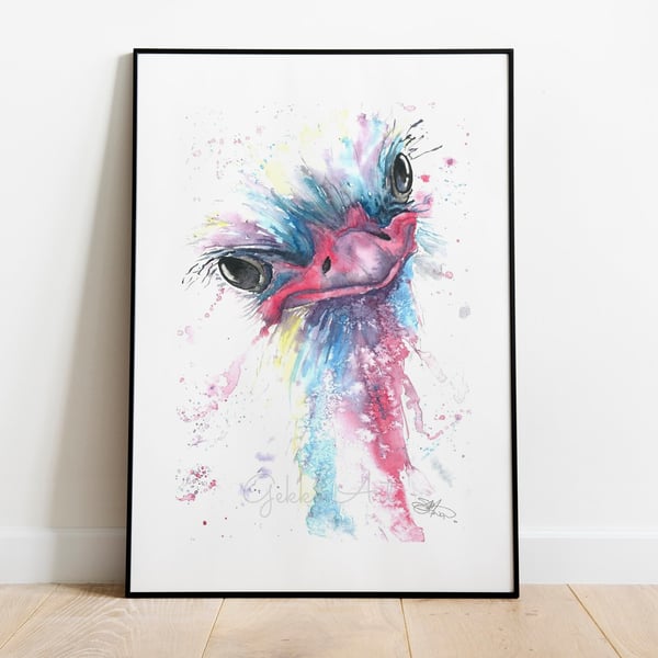 Olive Ostrich. Fine art Print from an Original Watercolour by Sandi Mower