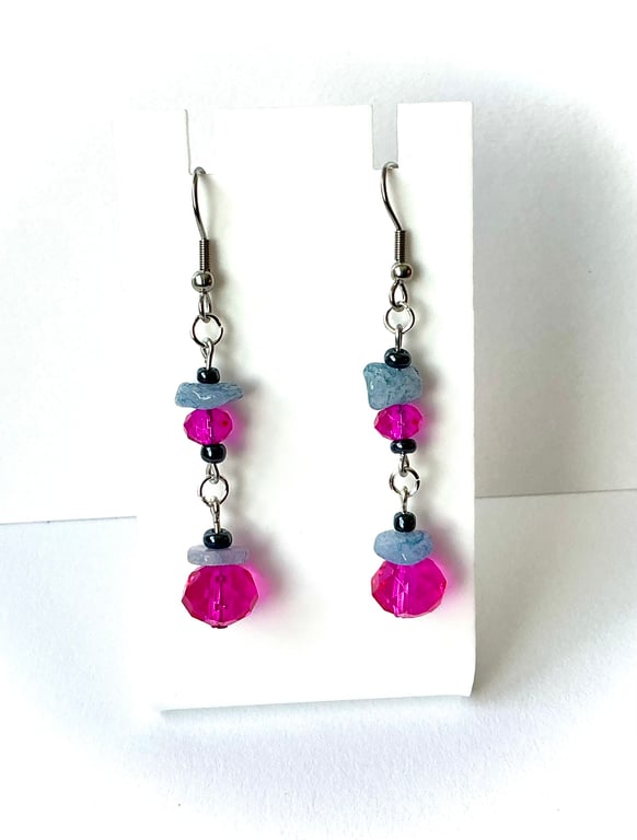  Aquamarine Blue Chip and Cerise Pink Glass Bead Earrings