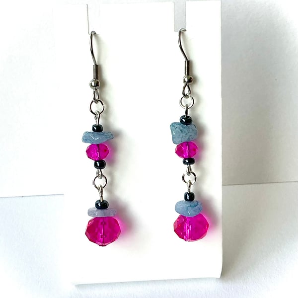  Aquamarine Blue Chip and Cerise Pink Glass Bead Earrings