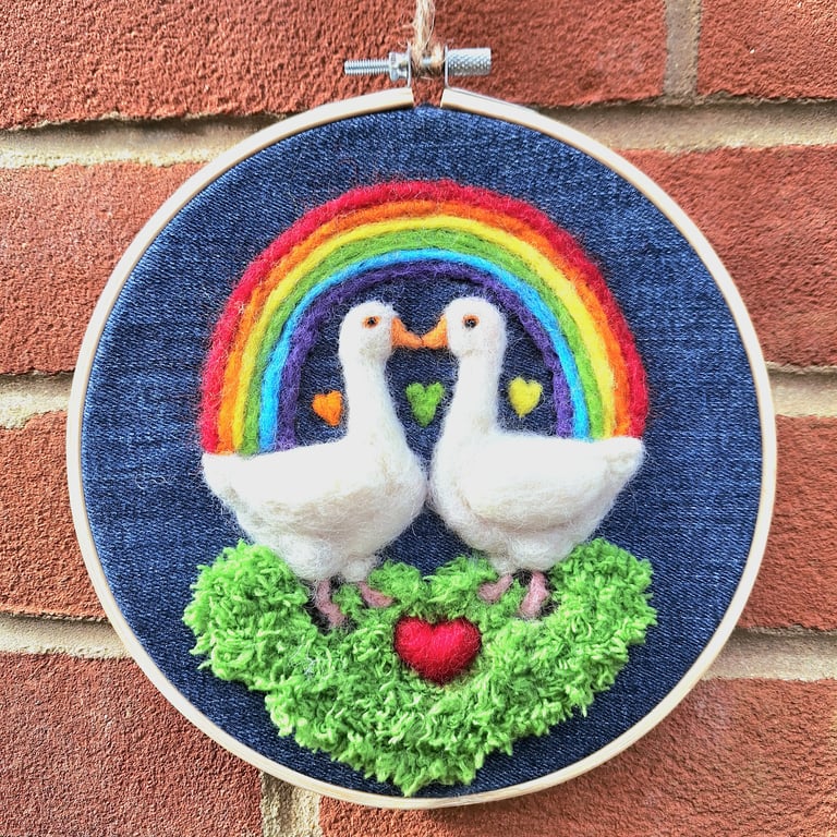 Needle-Felted Lovey-Dovey Geese Under a Rainbow (LGBT), 7 inch - Free Postage