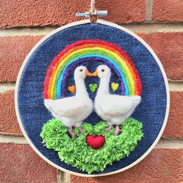 Needle-Felted Lovey-Dovey Geese Under a Rainbow (LGBT), 7 inch - Free Postage