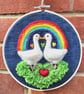 Needle-Felted Lovey-Dovey Geese Under a Rainbow (LGBT), 7 inch - Free Postage