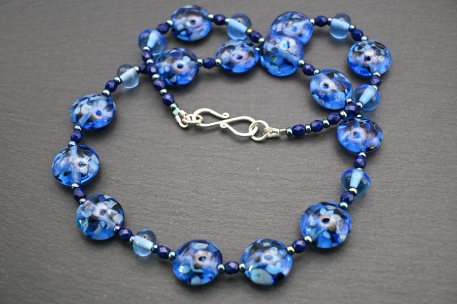 blue lampwork glass beaded necklace