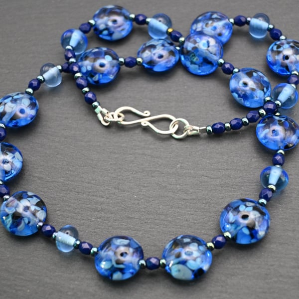 blue lampwork glass beaded necklace