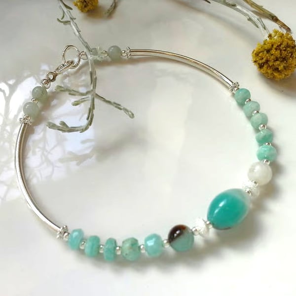 Designer Amazonite Sterling Silver Bangle Style Bracelet
